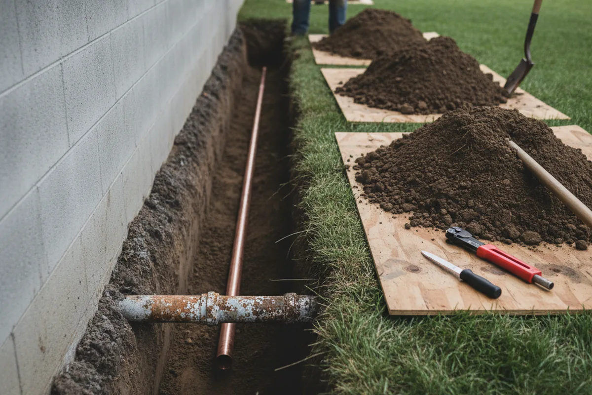 Excavated water line trench during Sewer Line Repair in Millington